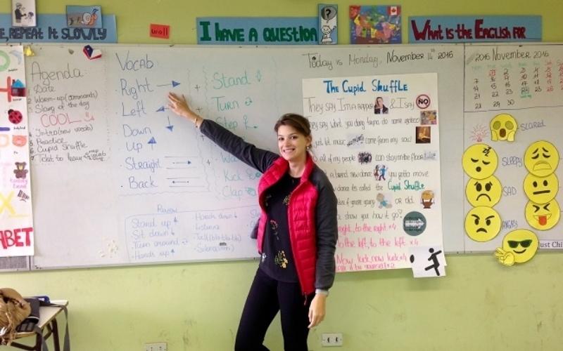 a female English teacher in Chile in her classroom